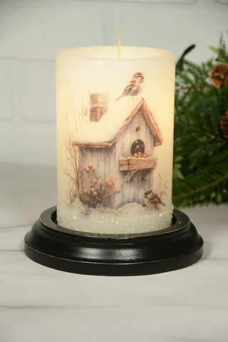 Candle Sleeve - Rustic Winter Birdhouse